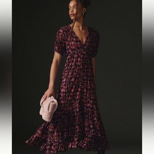 Anthropologie Printed Ruched-Sleeve Maxi Dress